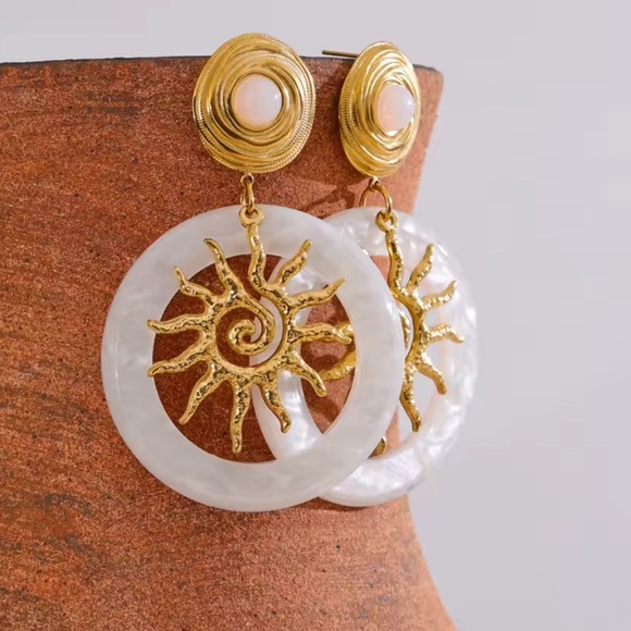 Sunburst Drop Earrings PVD Gold PlatedStainless Steel with Natural Stone… - Picture 3 of 15